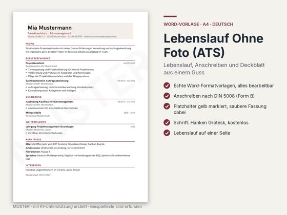 Vorschau Lebenslauf ohne Foto (ATS)